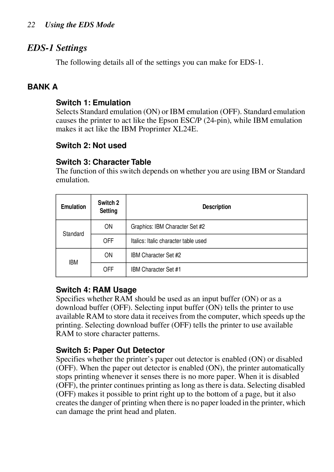 Star Micronics LC-8021 EDS-1 Settings, Switch 1 Emulation, Switch 2 Not used Switch 3 Character Table, Switch 4 RAM Usage 