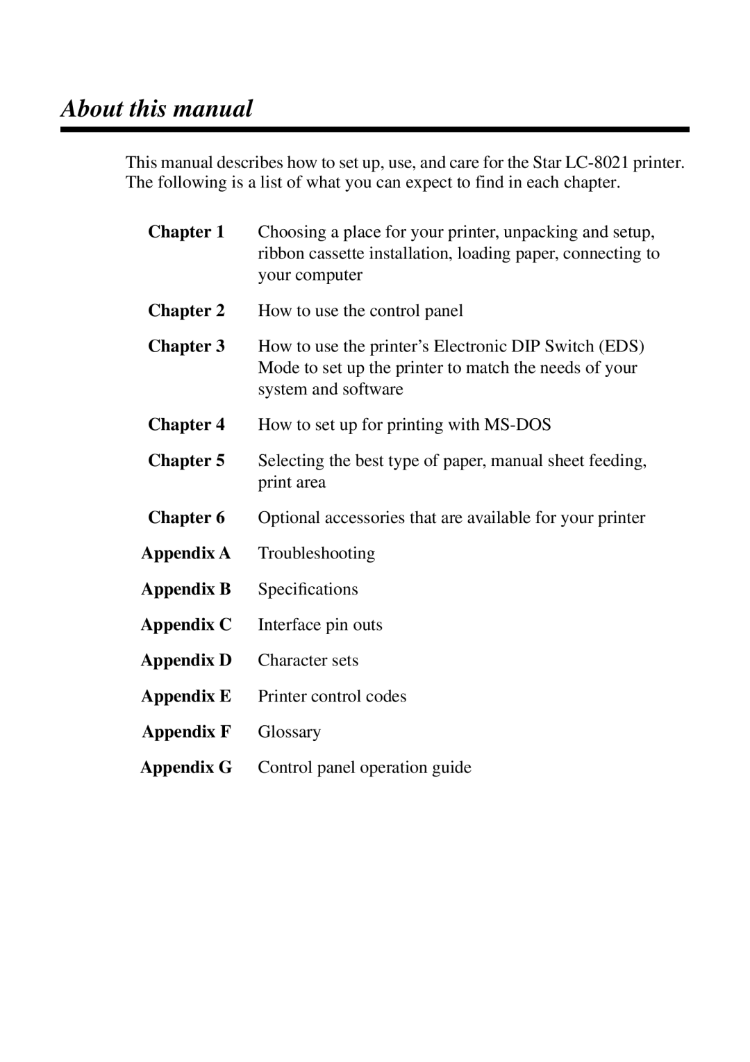 Star Micronics LC-8021 About this manual, Chapter 