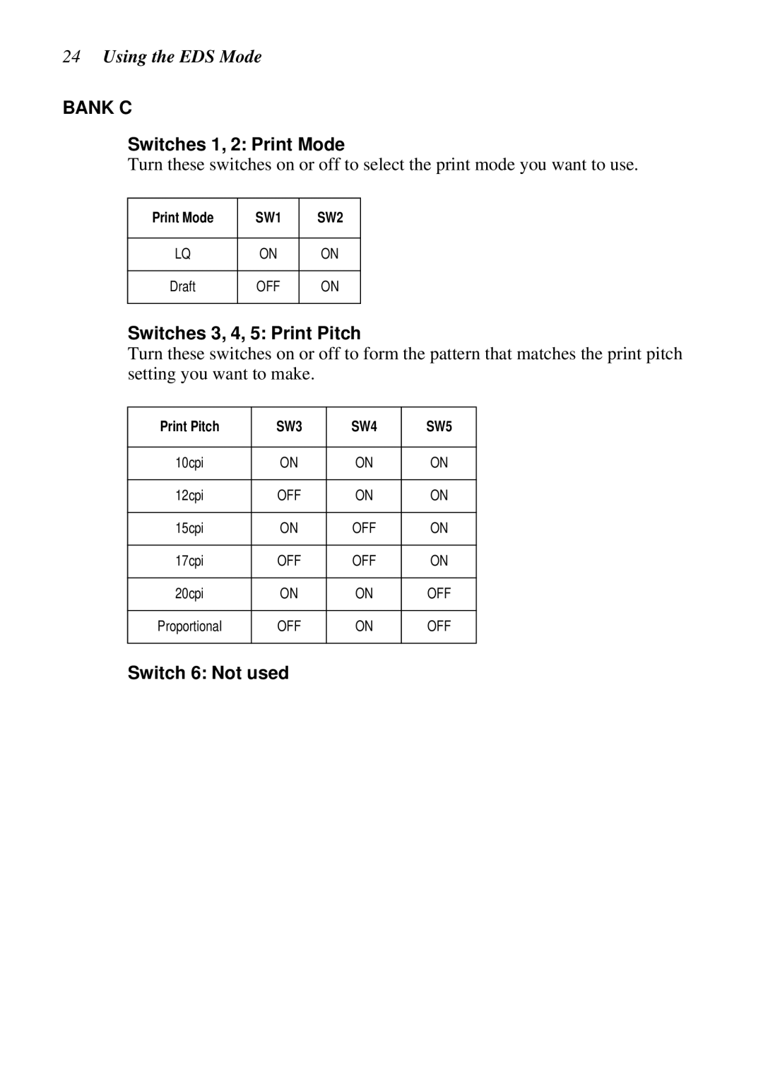 Star Micronics LC-8021 manual Switches 1, 2 Print Mode, Switches 3, 4, 5 Print Pitch 