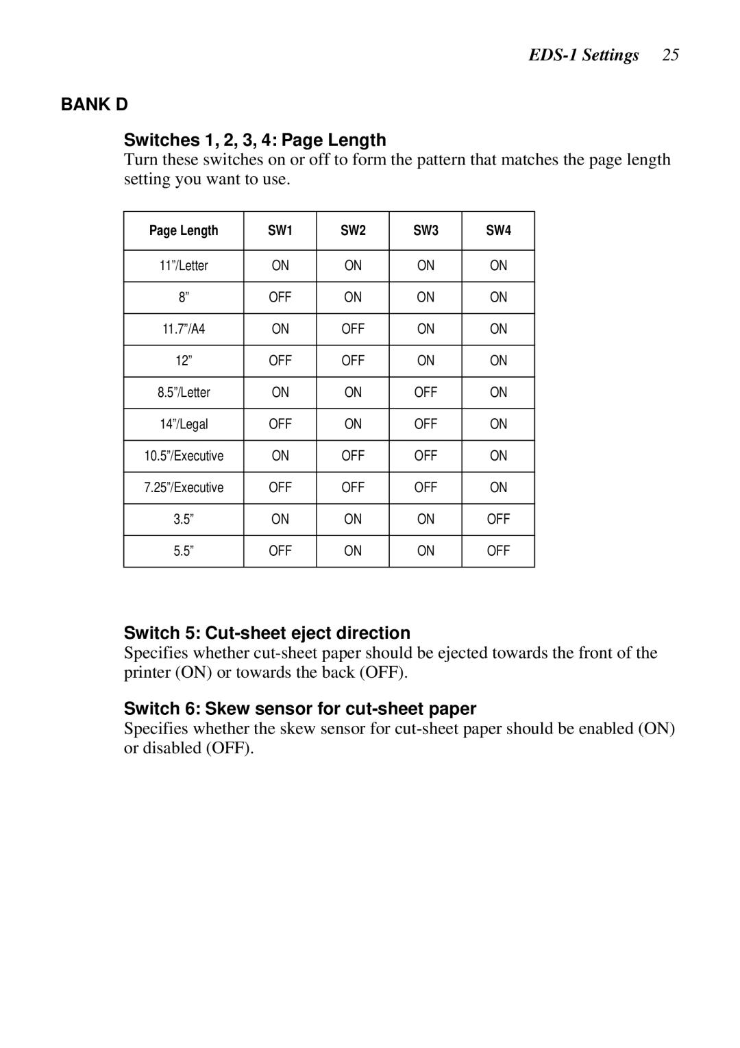 Star Micronics LC-8021 manual Switches 1, 2, 3, 4 Page Length, Switch 5 Cut-sheet eject direction 