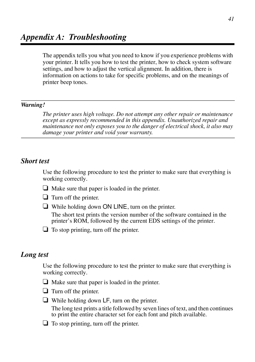 Star Micronics LC-8021 manual Appendix a Troubleshooting, Short test, Long test 