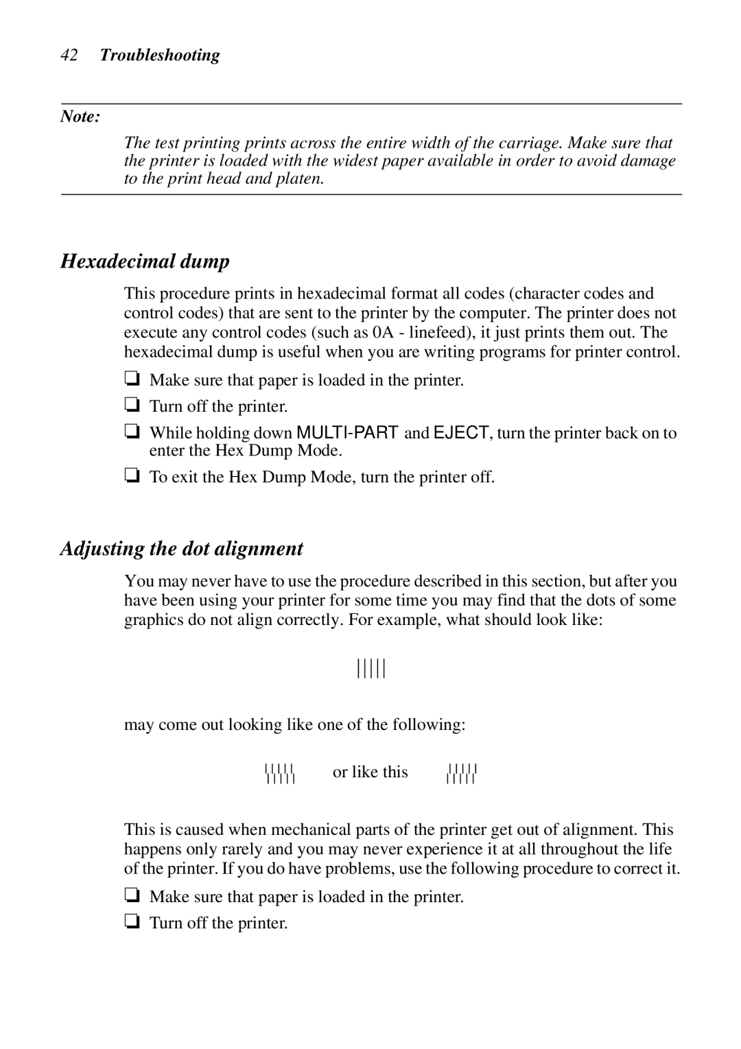 Star Micronics LC-8021 manual Hexadecimal dump, Adjusting the dot alignment 