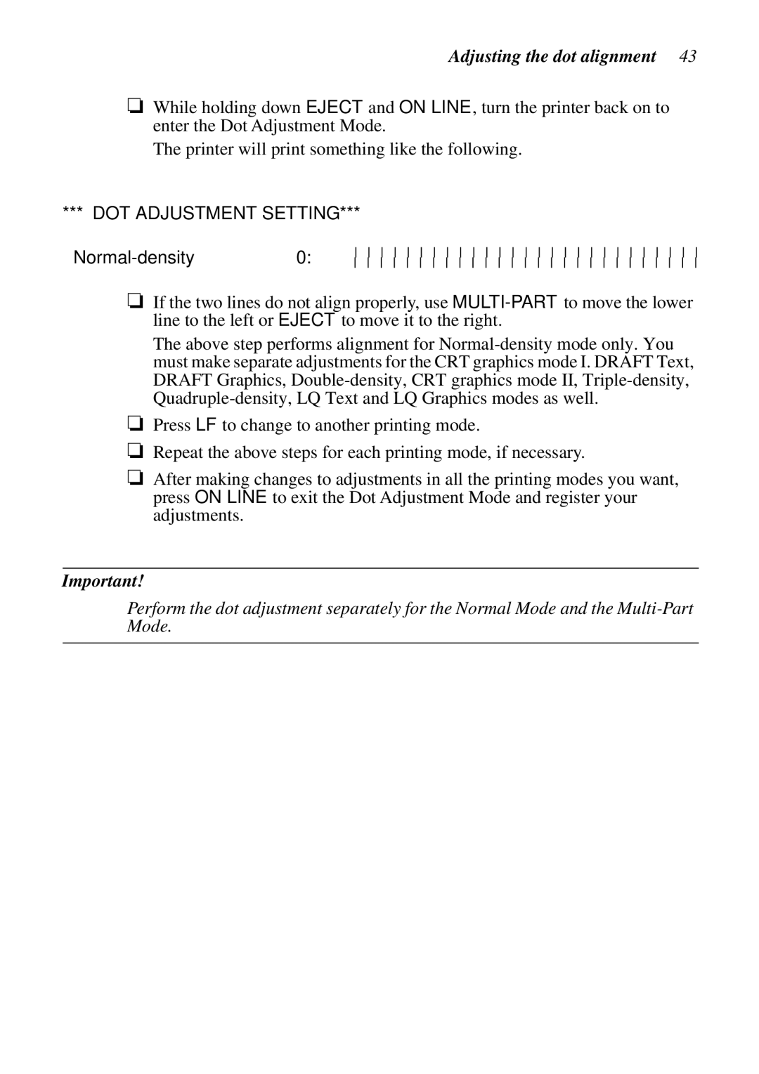 Star Micronics LC-8021 manual Adjusting the dot alignment 