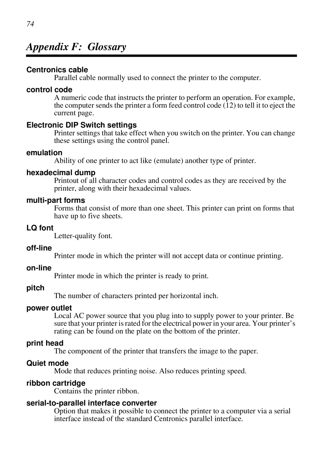 Star Micronics LC-8021 manual Appendix F Glossary 