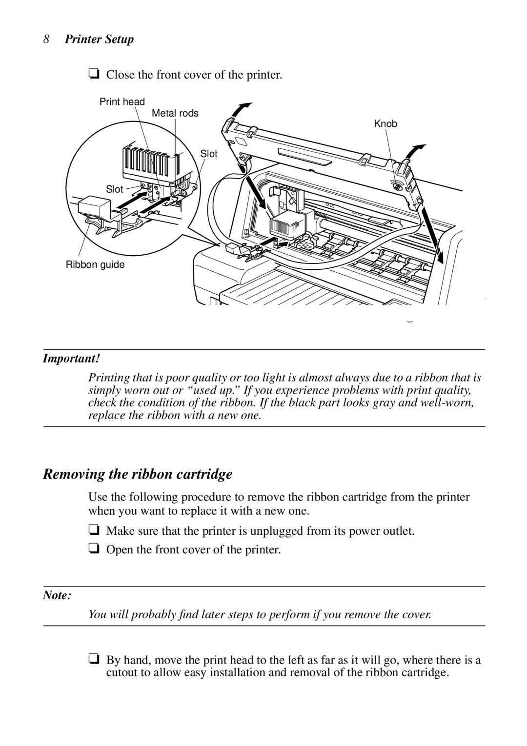 Star Micronics LC-8021 manual Removing the ribbon cartridge, Printer Setup 