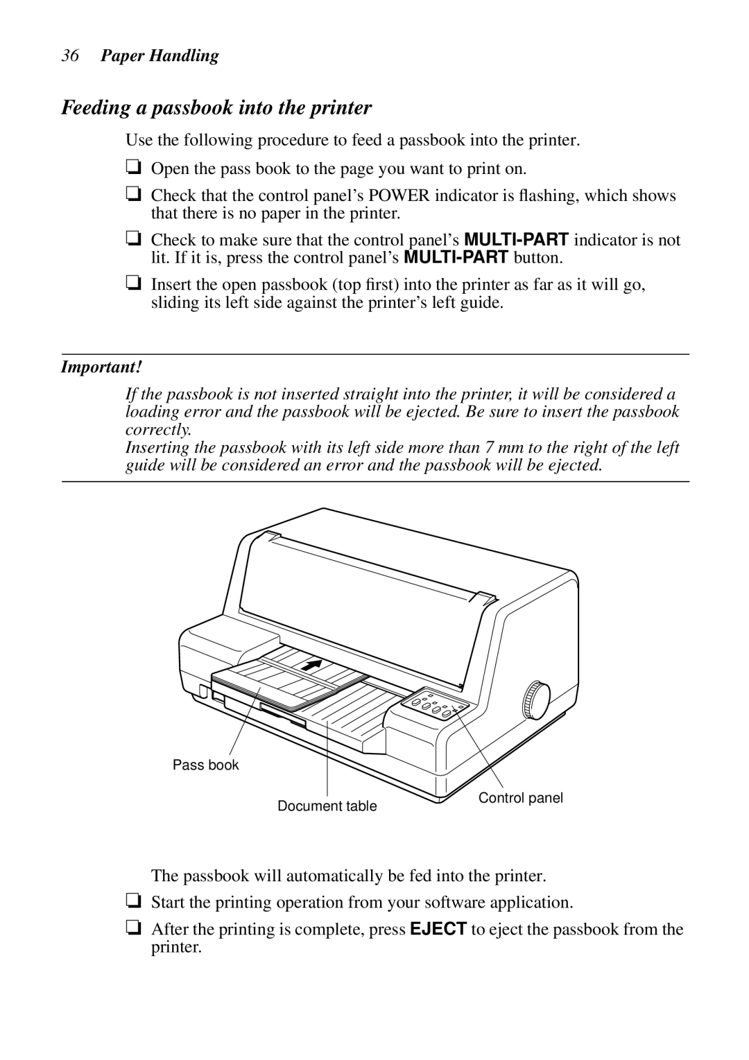 Star Micronics LC-8021 manual Feeding a passbook into the printer, Paper Handling 