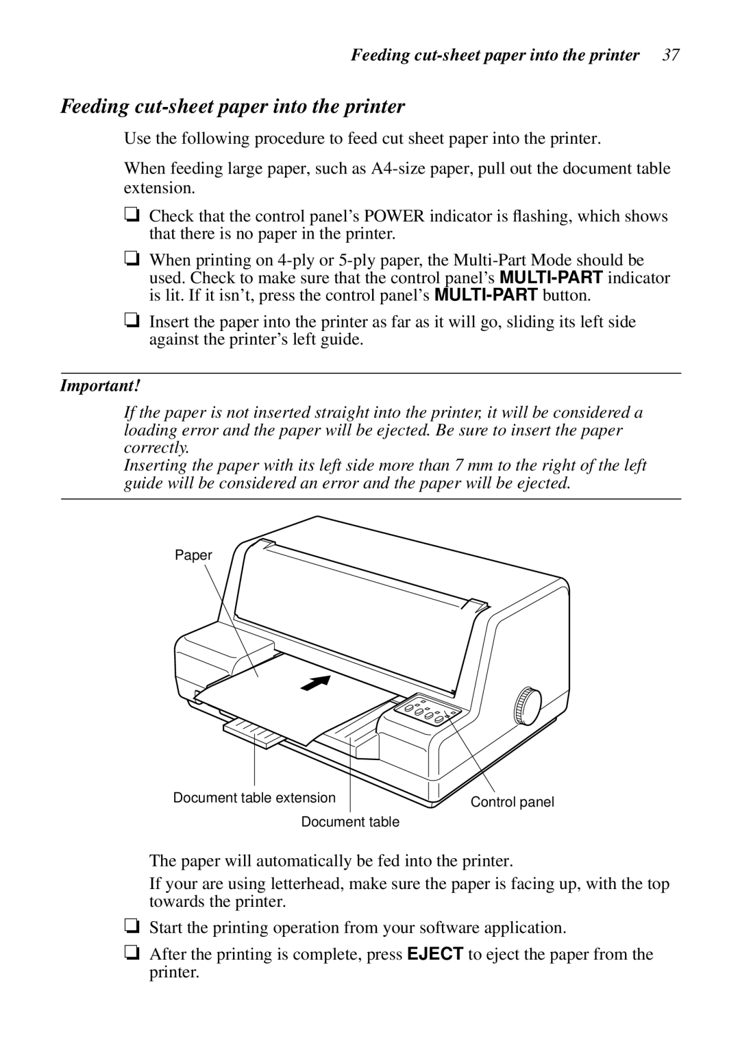 Star Micronics LC-8021 manual Feeding cut-sheet paper into the printer 