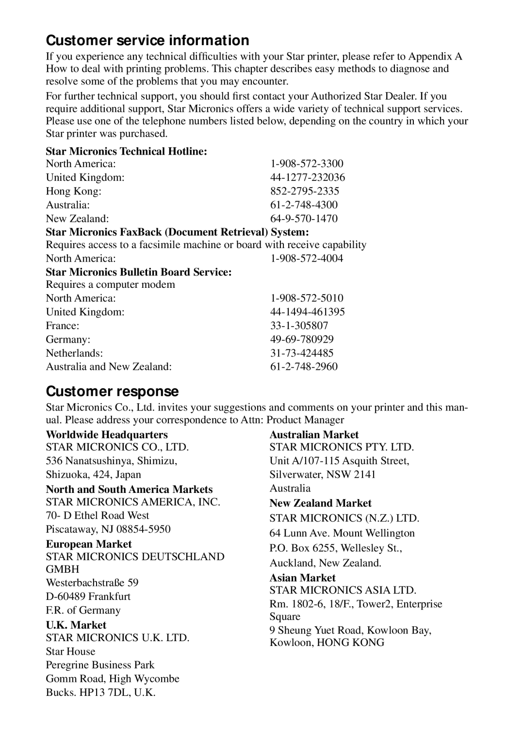 Star Micronics LC-8521 user manual Customer service information 