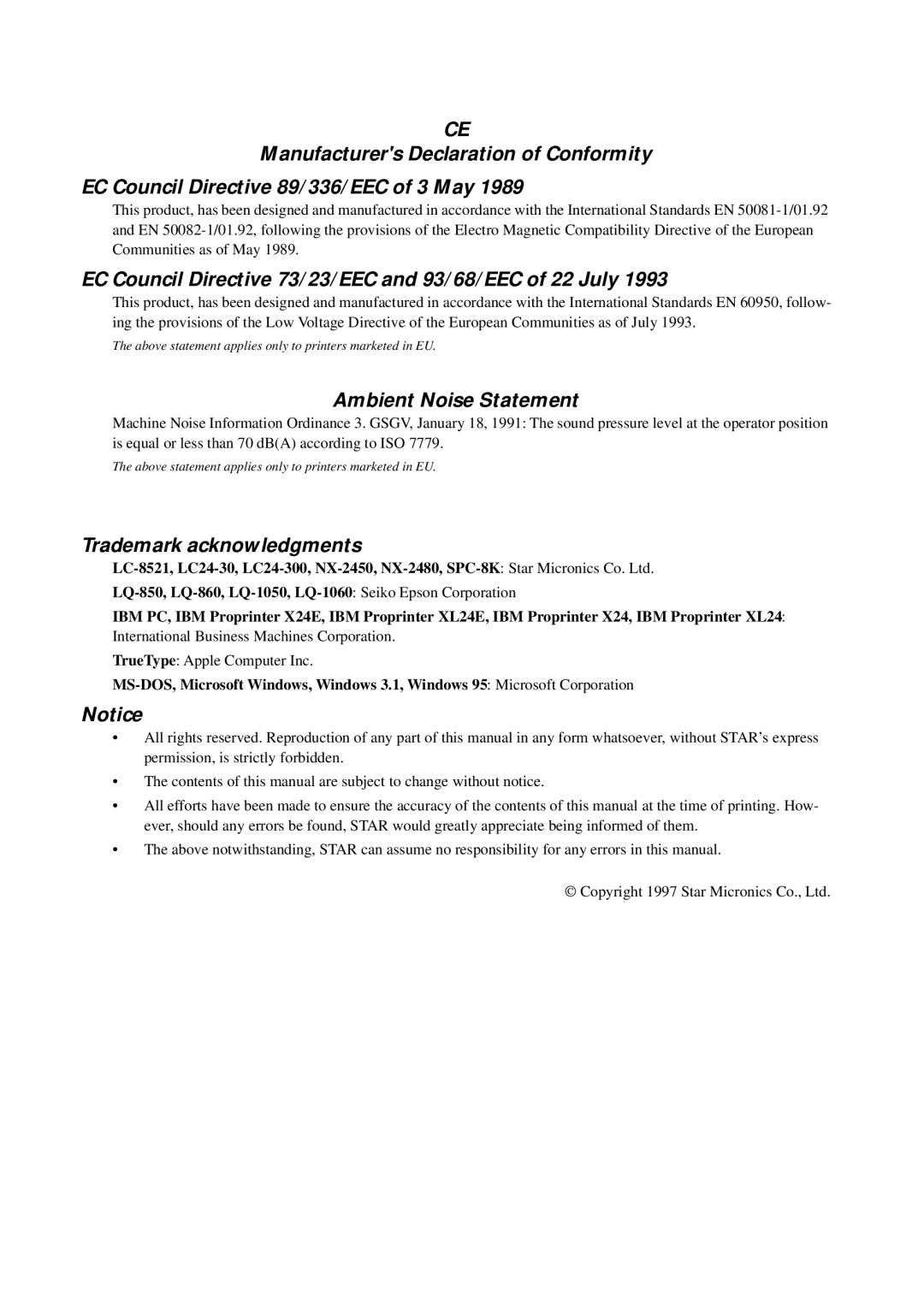 Star Micronics LC-8521 user manual EC Council Directive 73/23/EEC and 93/68/EEC of 22 July 