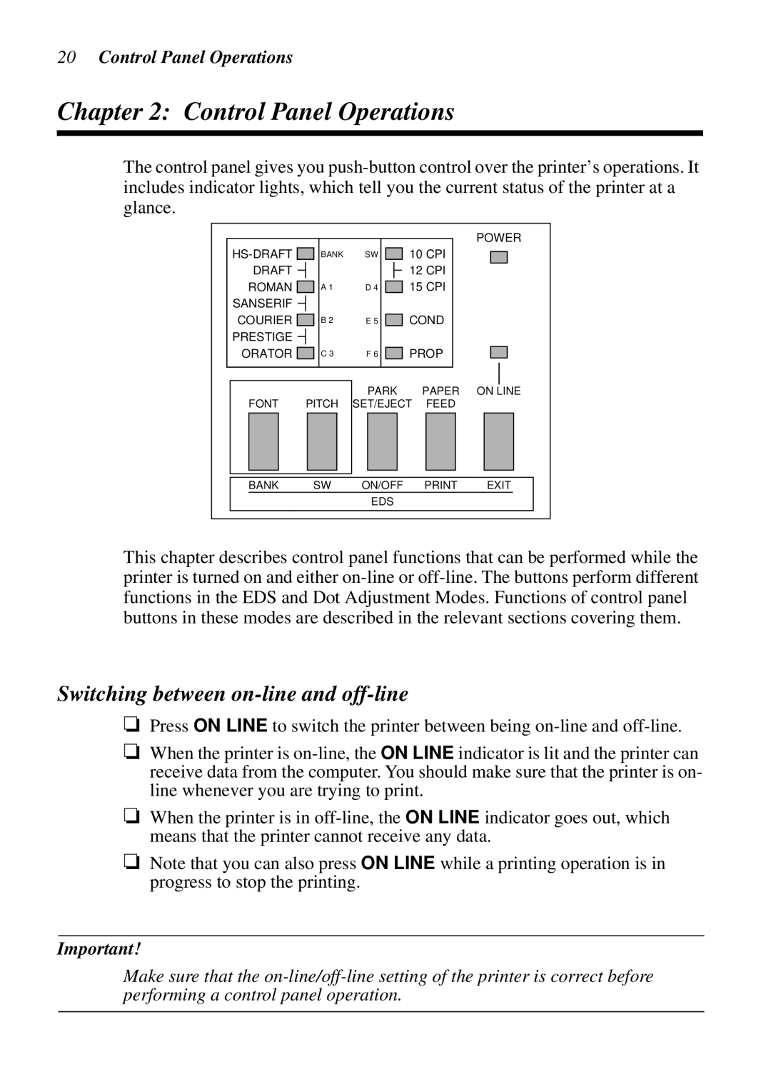 Star Micronics LC-8521 user manual Control Panel Operations, Switching between on-line and off-line 