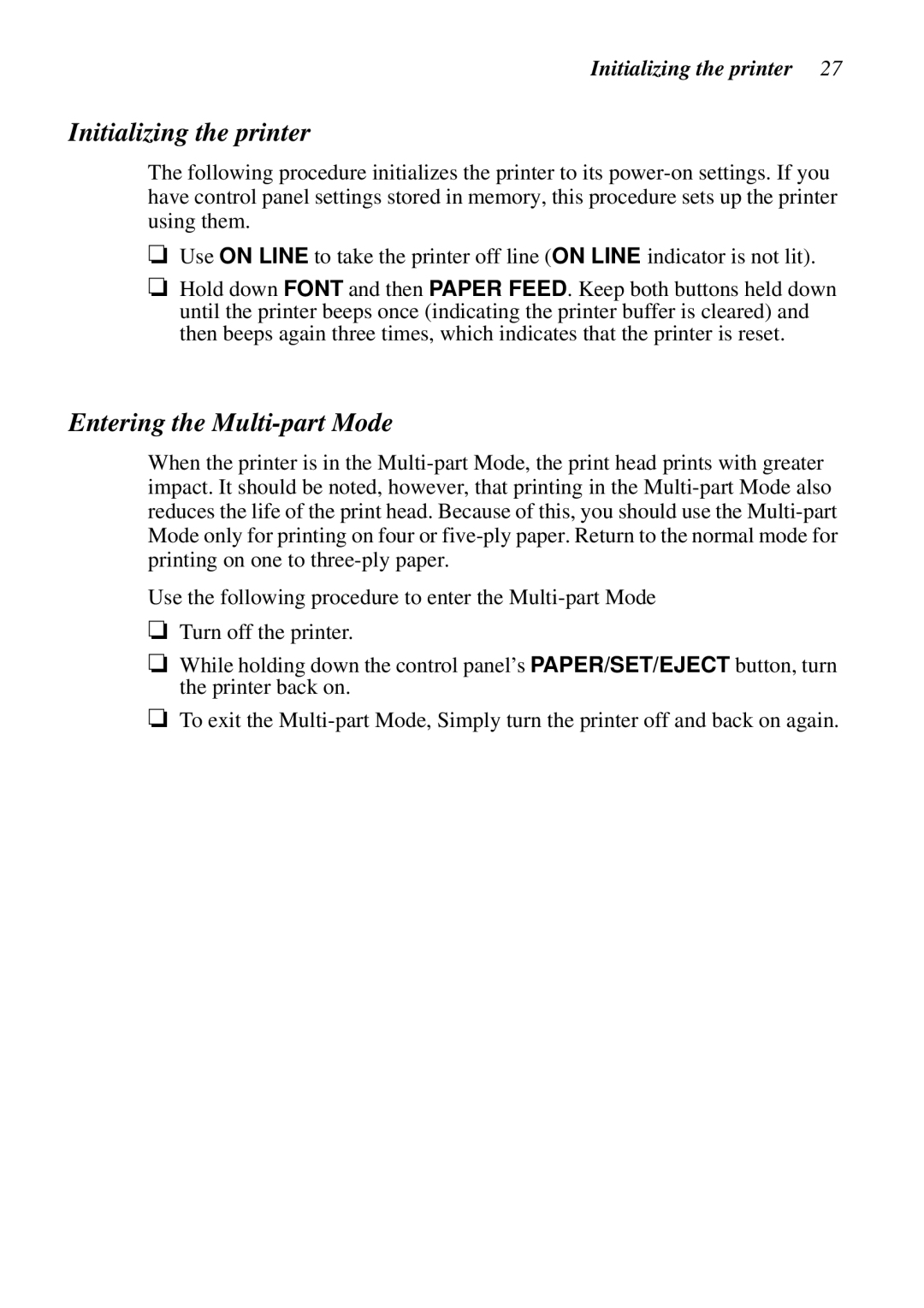 Star Micronics LC-8521 user manual Initializing the printer, Entering the Multi-part Mode 