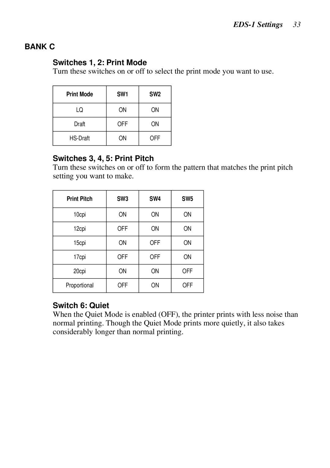 Star Micronics LC-8521 user manual Switches 1, 2 Print Mode, Switches 3, 4, 5 Print Pitch, Switch 6 Quiet 