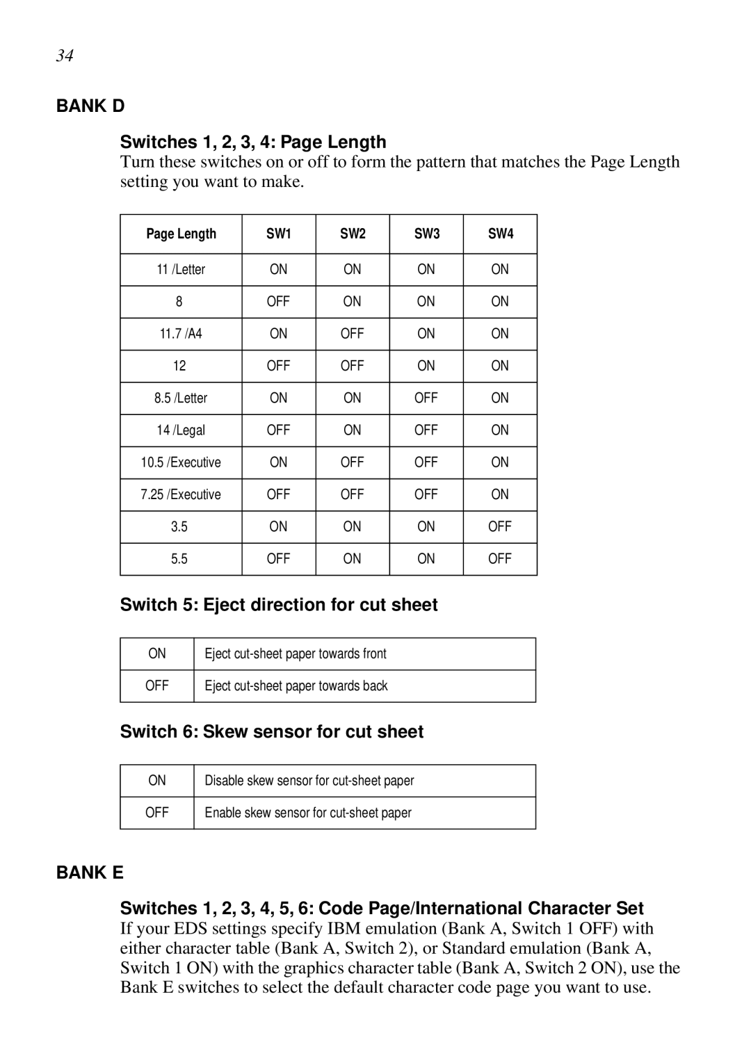 Star Micronics LC-8521 user manual Switches 1, 2, 3, 4 Page Length, Switch 5 Eject direction for cut sheet 