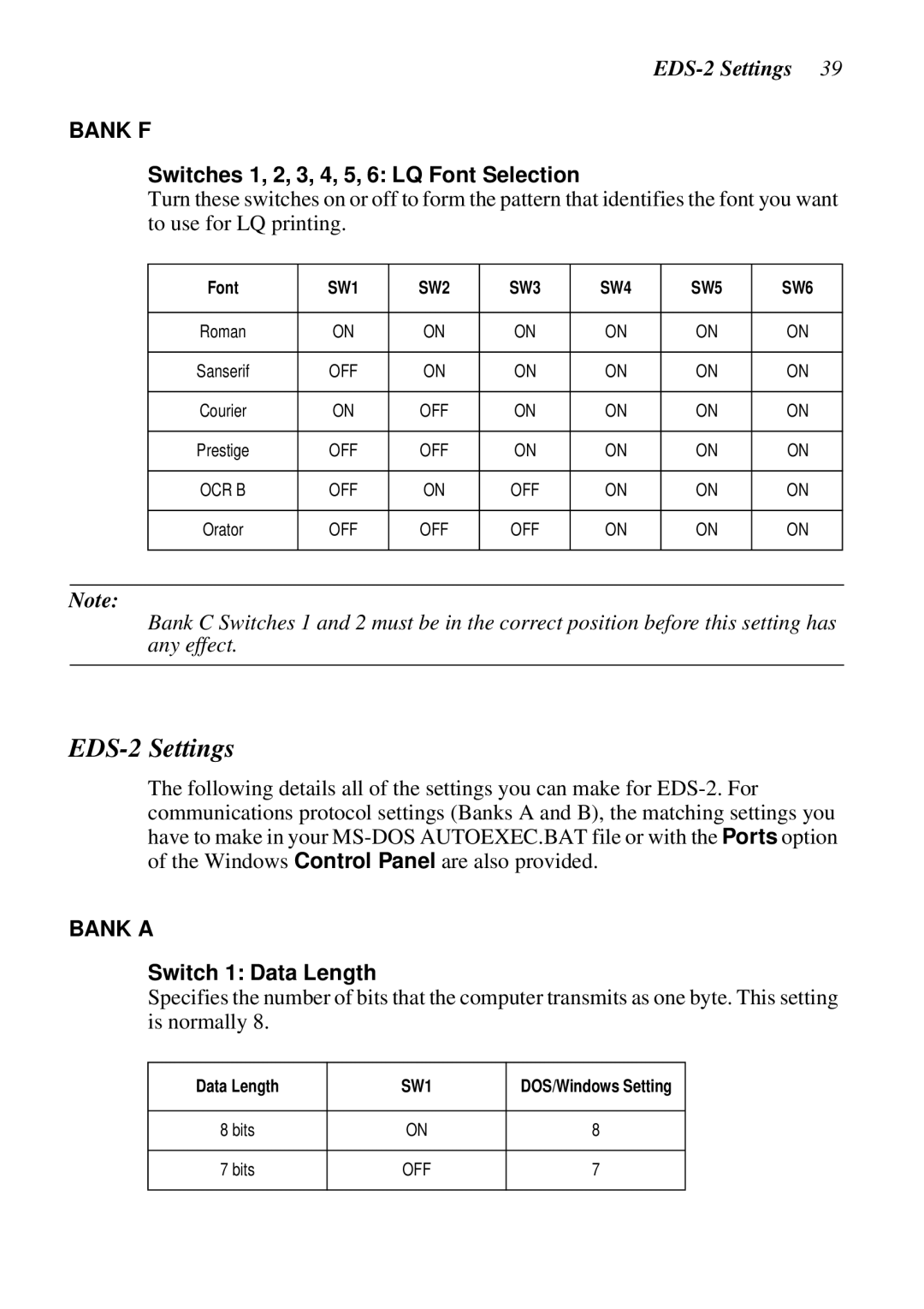 Star Micronics LC-8521 user manual EDS-2 Settings, Switches 1, 2, 3, 4, 5, 6 LQ Font Selection, Switch 1 Data Length 