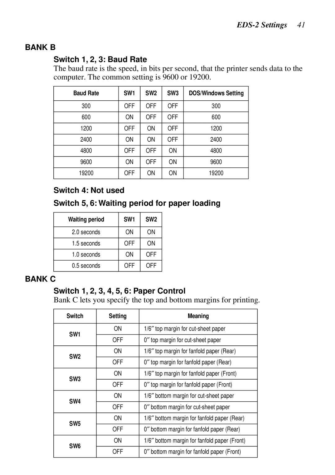 Star Micronics LC-8521 user manual Switch 1, 2, 3 Baud Rate, Switch 1, 2, 3, 4, 5, 6 Paper Control, Waiting period 