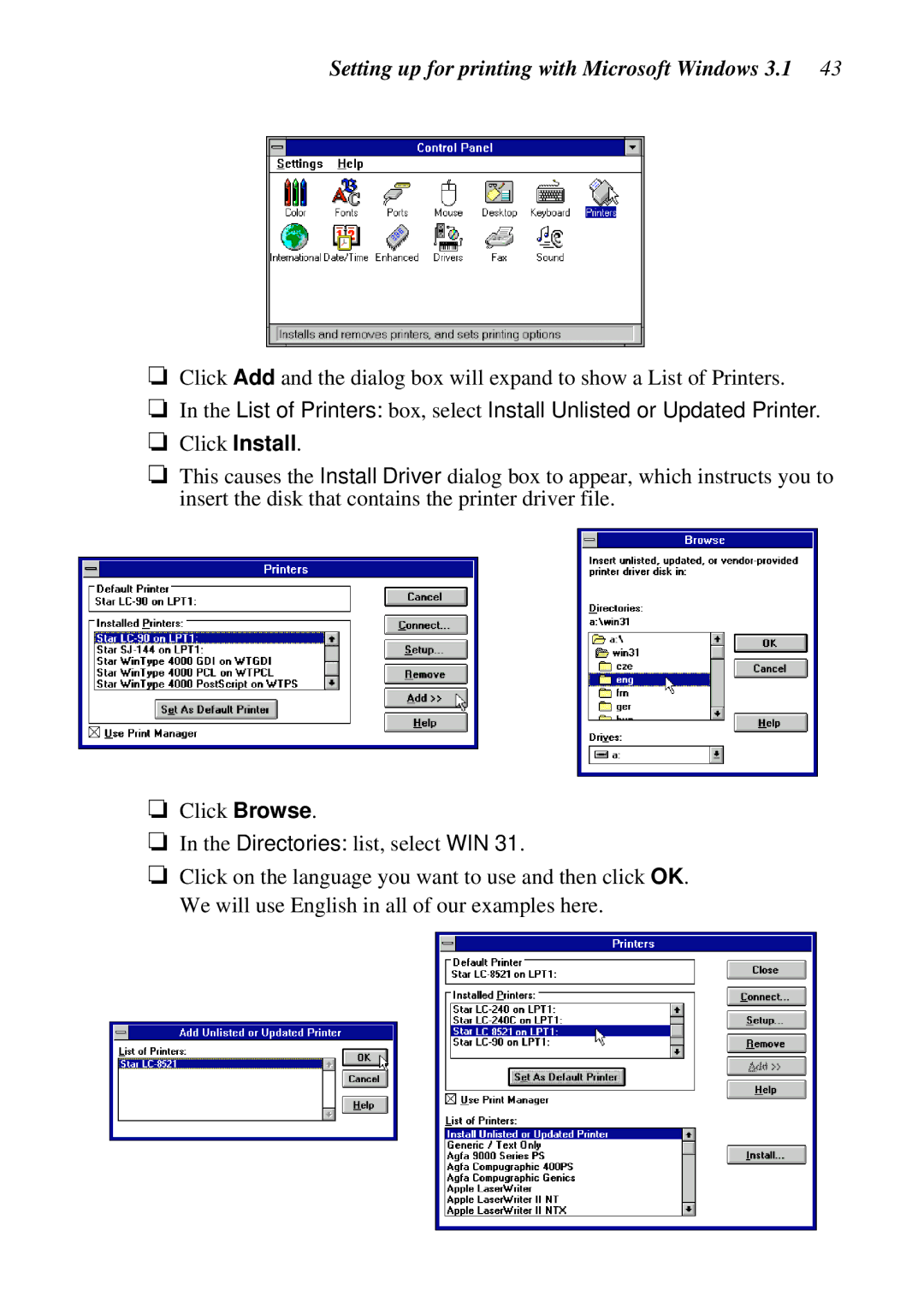 Star Micronics LC-8521 user manual Setting up for printing with Microsoft Windows 3.1 