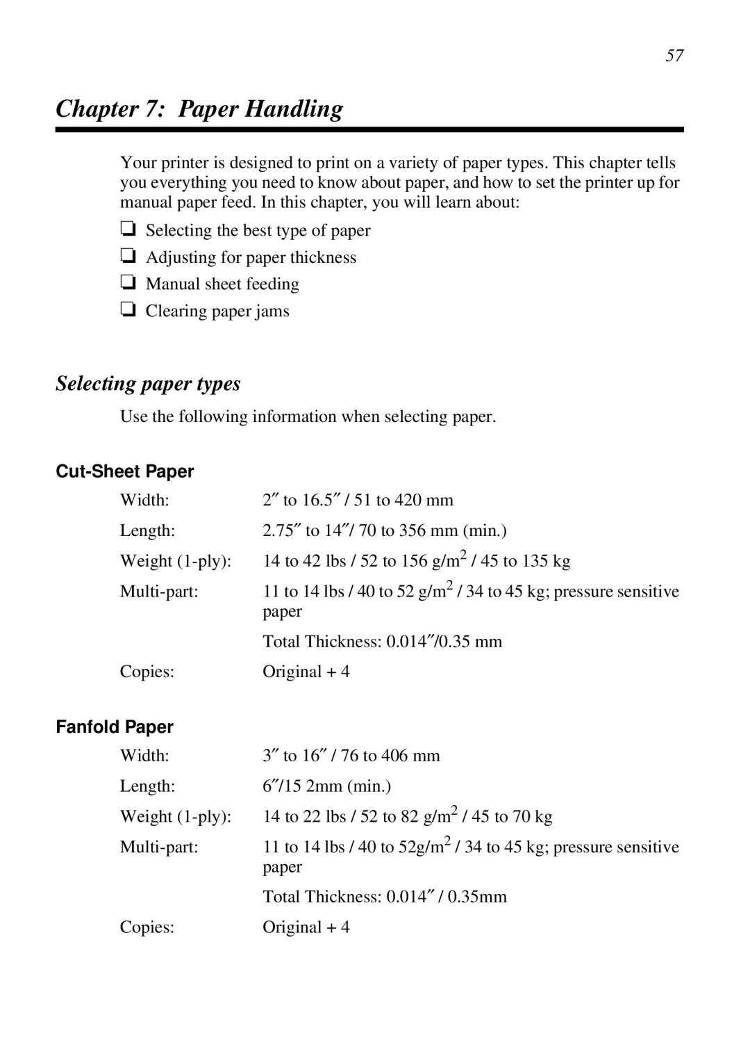 Star Micronics LC-8521 user manual Paper Handling, Selecting paper types, Cut-Sheet Paper, Fanfold Paper 