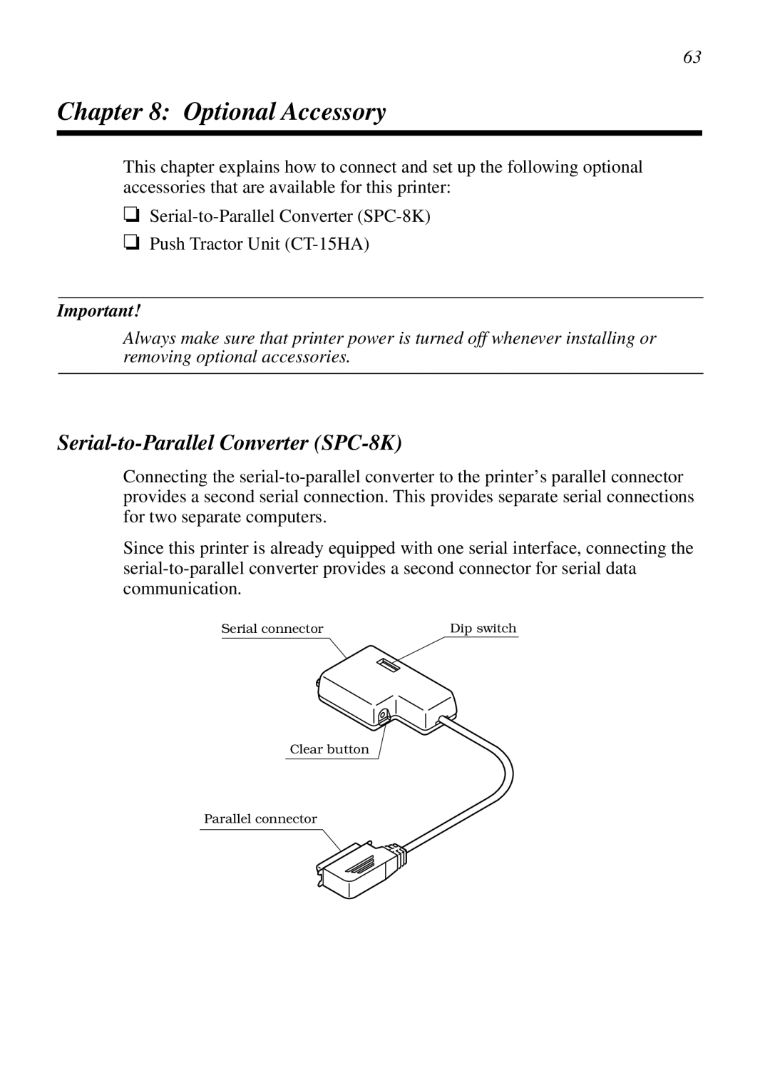 Star Micronics LC-8521 user manual Optional Accessory, Serial-to-Parallel Converter SPC-8K 