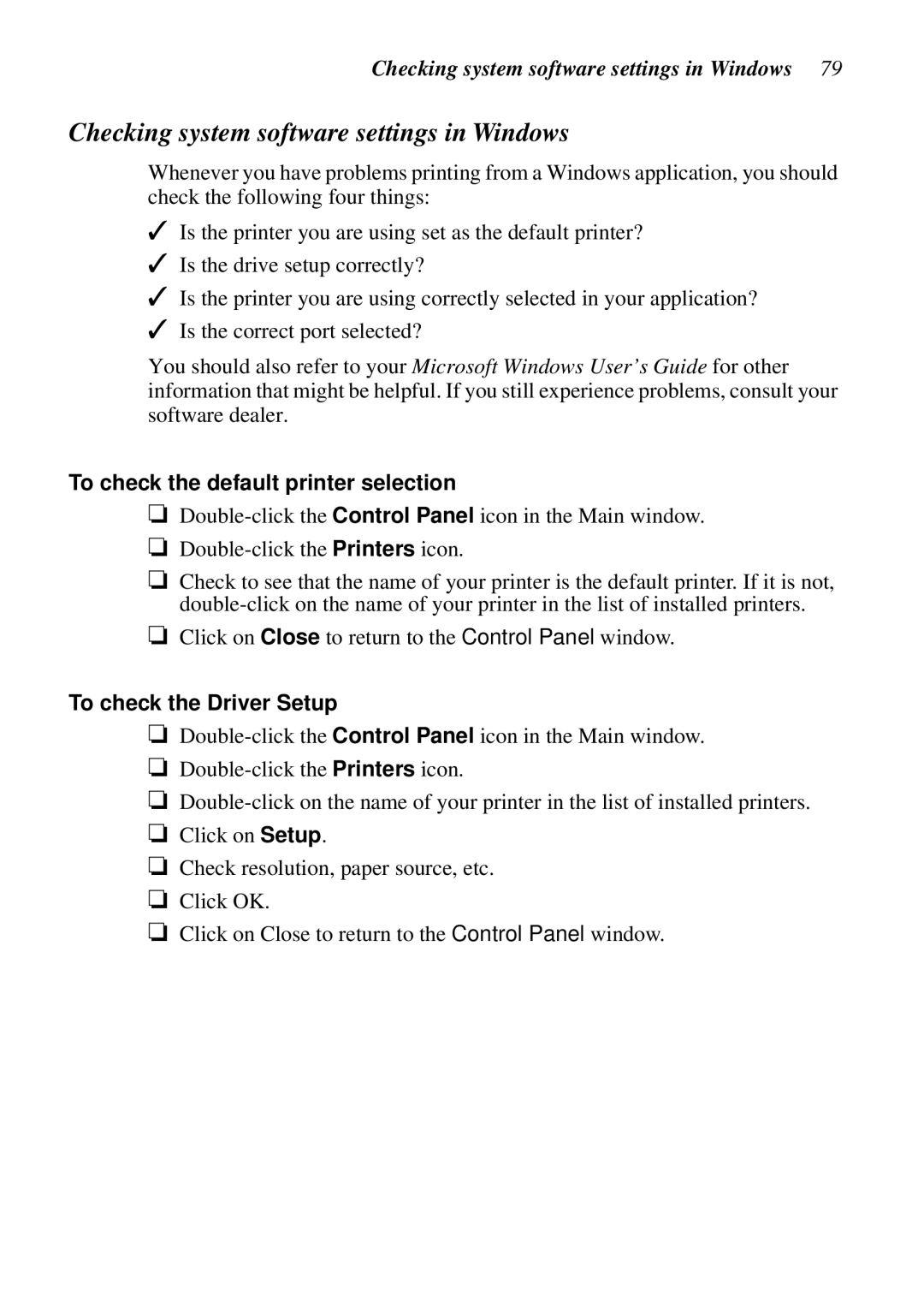 Star Micronics LC-8521 user manual Checking system software settings in Windows, To check the default printer selection 