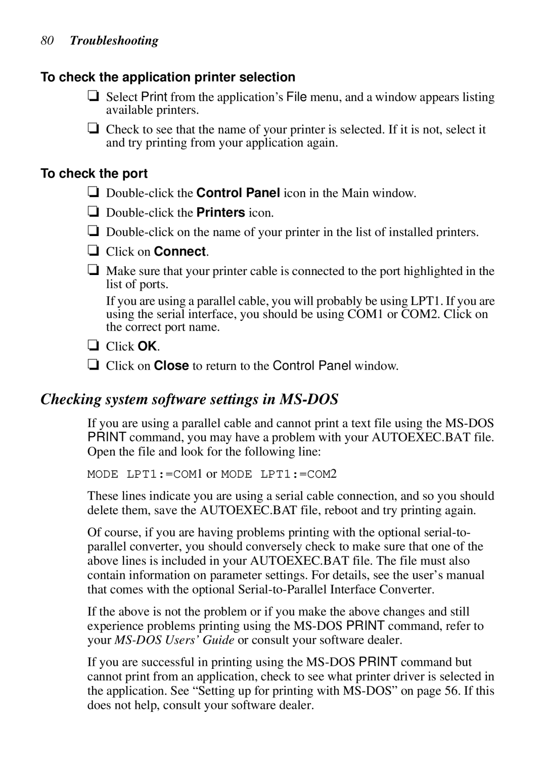 Star Micronics LC-8521 user manual Checking system software settings in MS-DOS, To check the application printer selection 