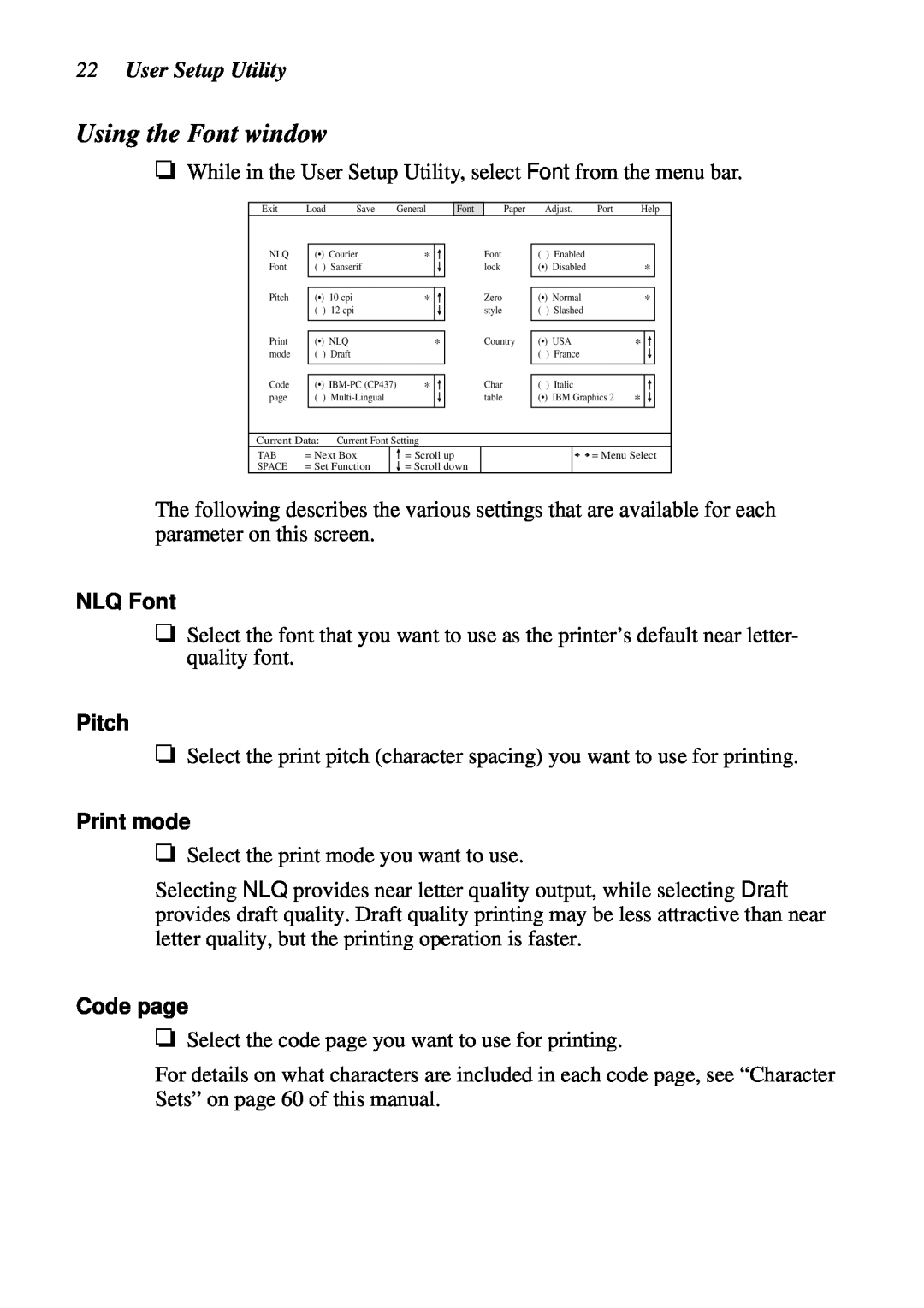 Star Micronics LC-90 NX-1010 user manual Using the Font window, User Setup Utility 
