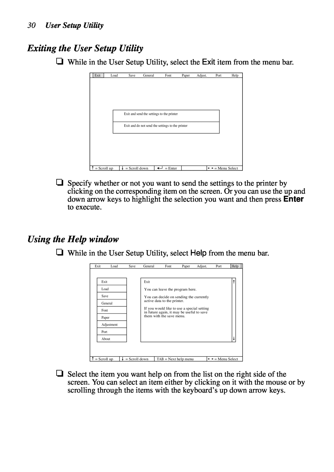 Star Micronics LC-90 NX-1010 user manual Exiting the User Setup Utility, Using the Help window 