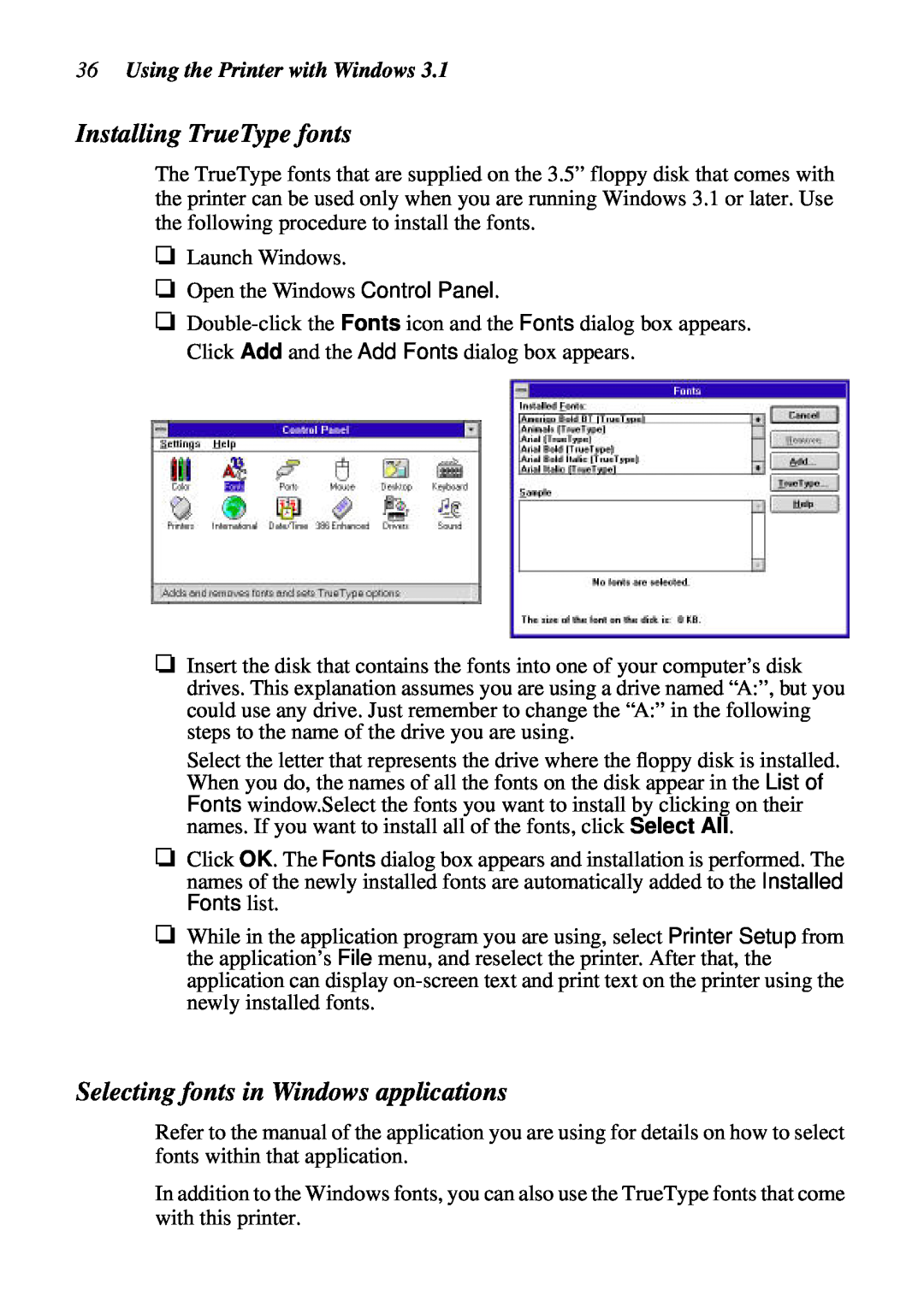 Star Micronics LC-90 NX-1010 user manual Installing TrueType fonts, Selecting fonts in Windows applications 