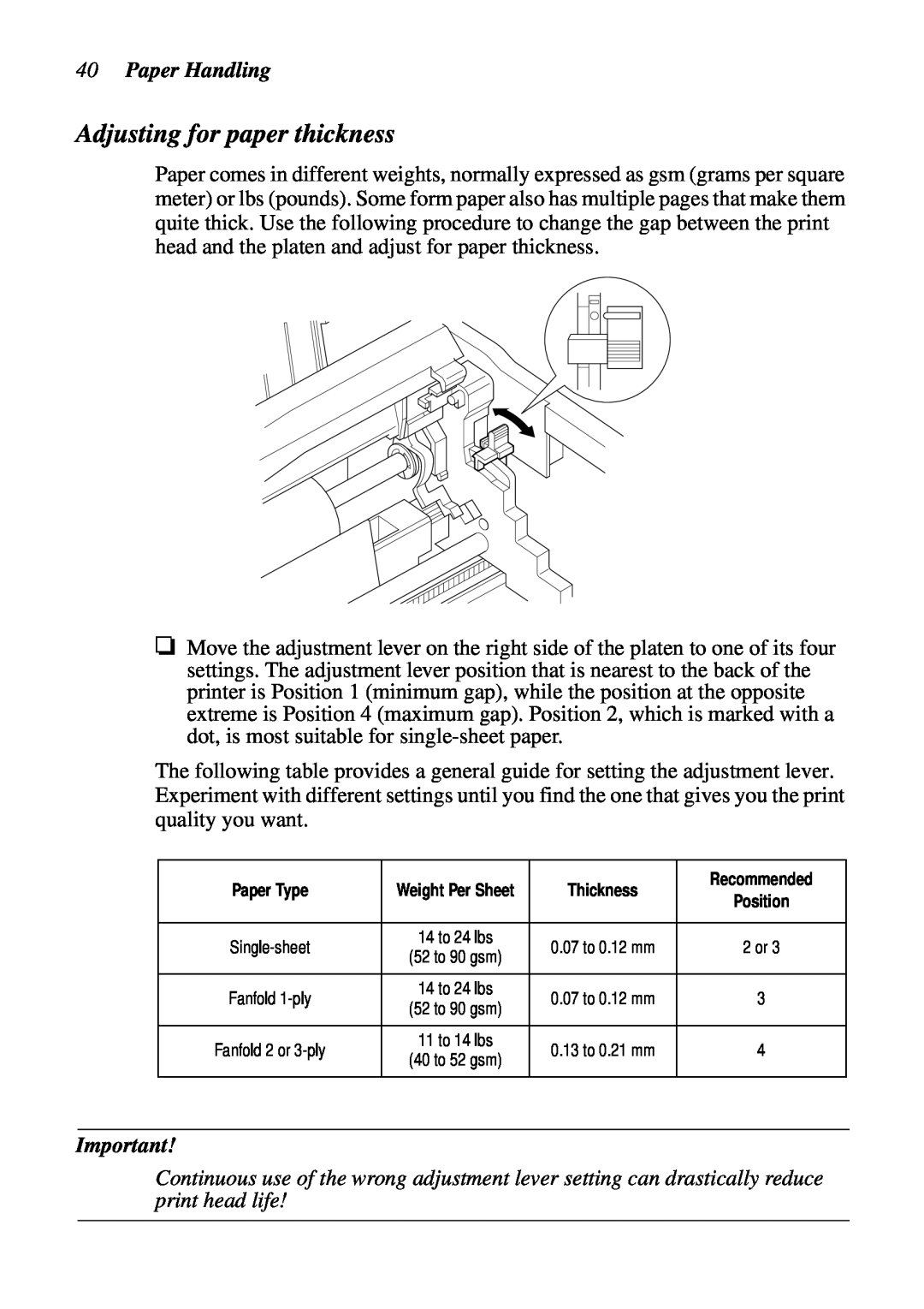 Star Micronics LC-90 NX-1010 user manual Adjusting for paper thickness, Paper Handling 