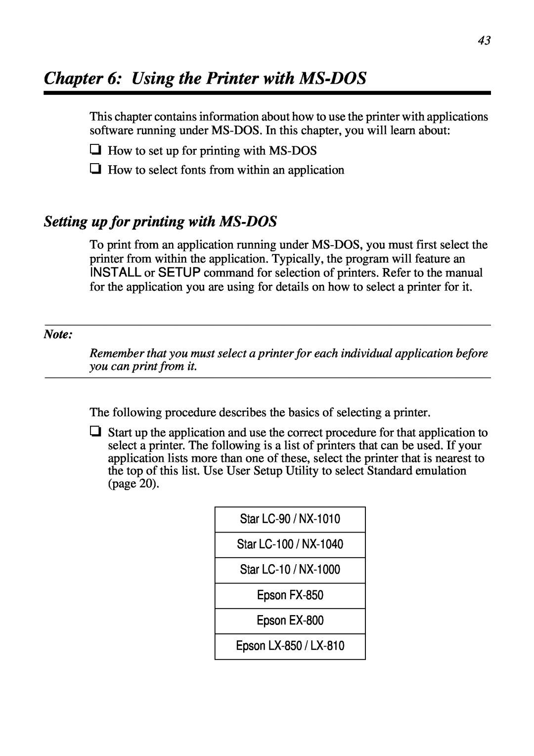 Star Micronics LC-90 NX-1010 user manual Using the Printer with MS-DOS, Setting up for printing with MS-DOS 