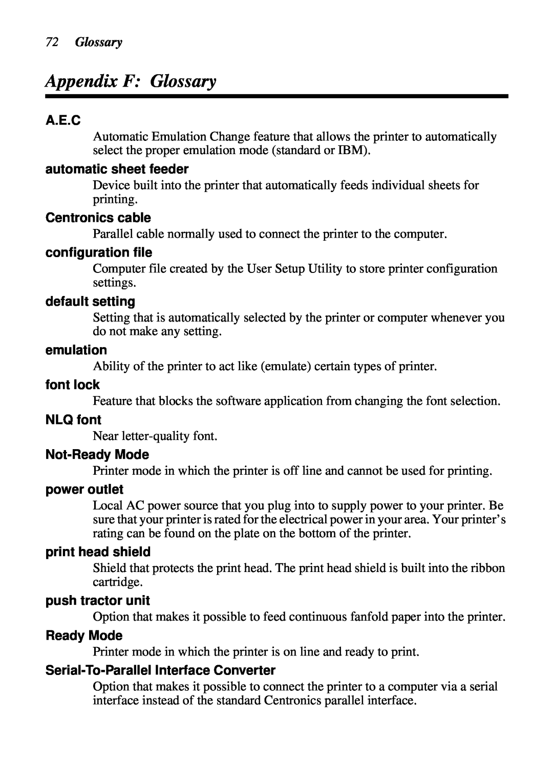 Star Micronics LC-90 NX-1010 user manual Appendix F Glossary 