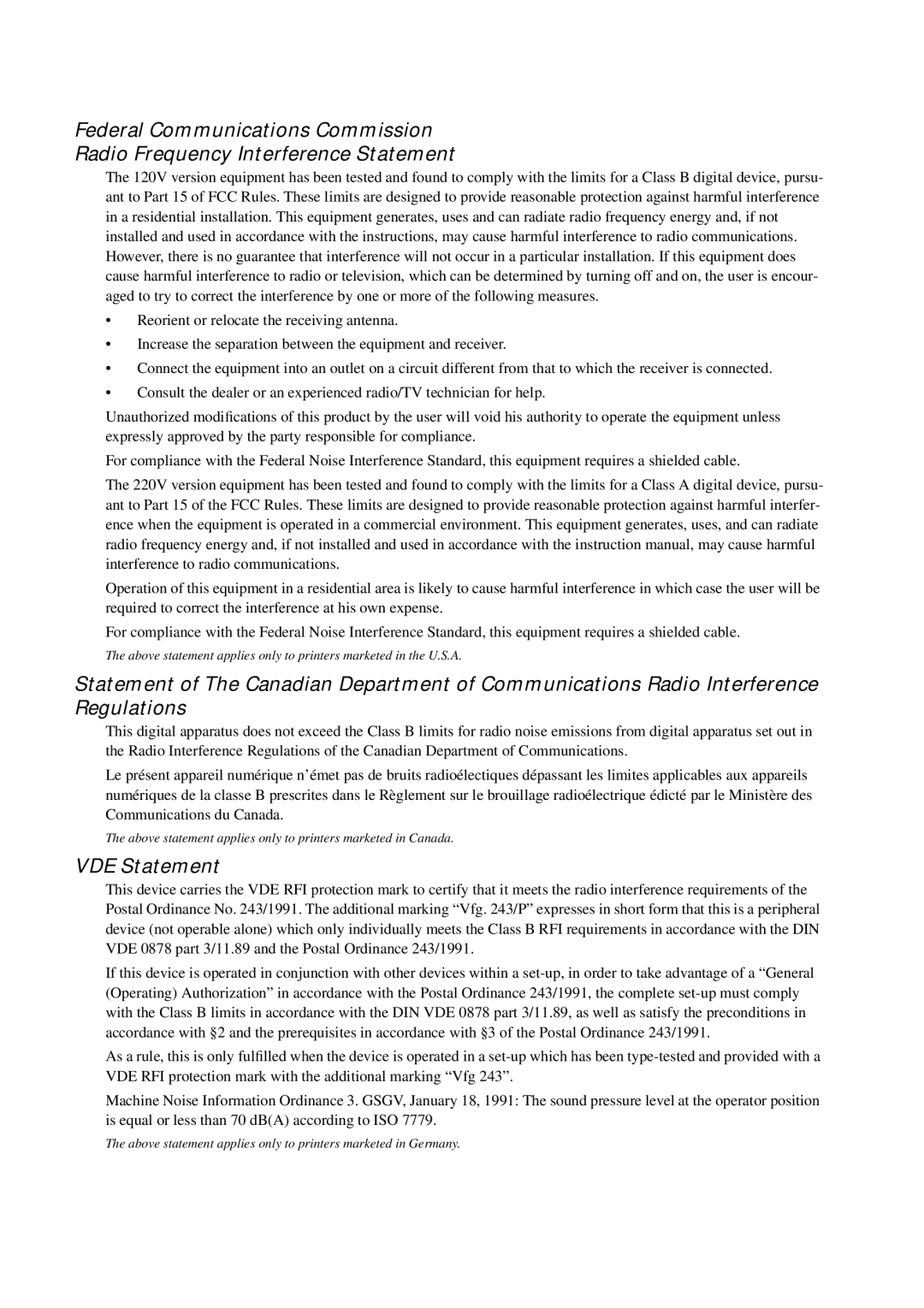 Star Micronics LC-90 NX-1010 user manual VDE Statement 