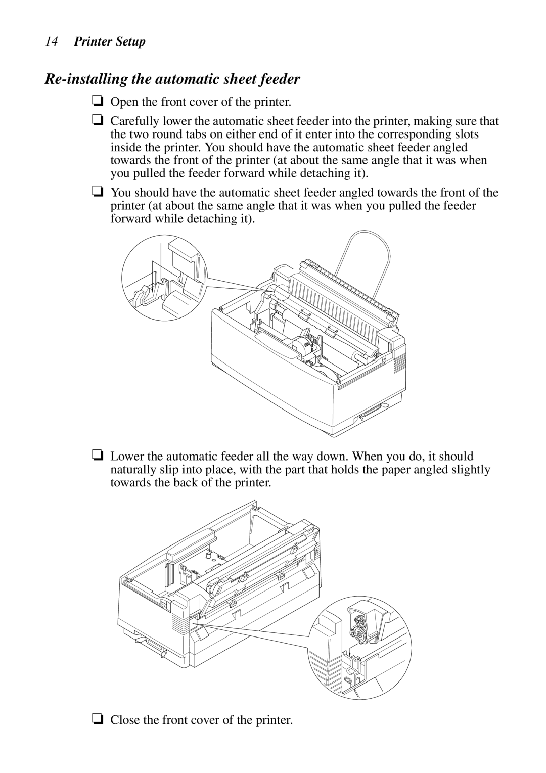 Star Micronics LC-90 NX-1010 user manual Re-installing the automatic sheet feeder 