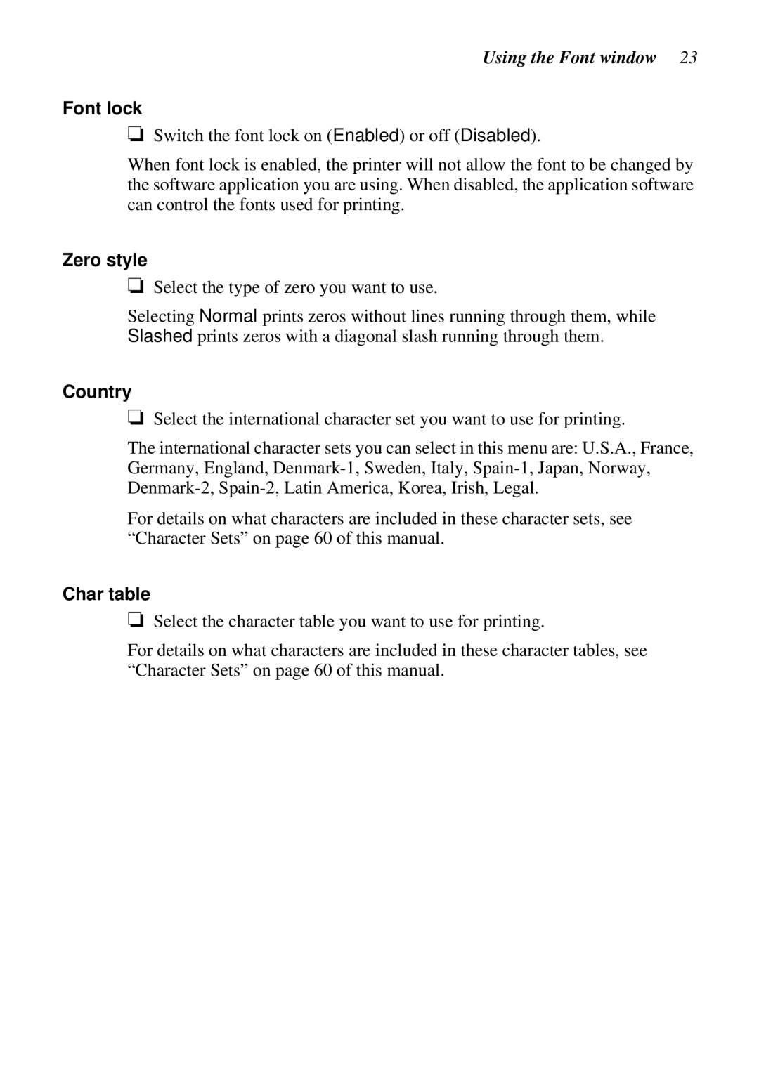 Star Micronics LC-90 NX-1010 user manual Using the Font window, Font lock, Zero style, Country, Char table 