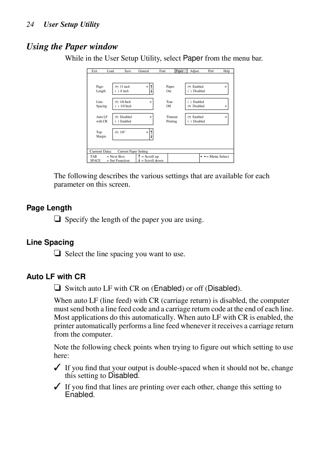 Star Micronics LC-90 NX-1010 user manual Using the Paper window, Length, Line Spacing, Auto LF with CR 