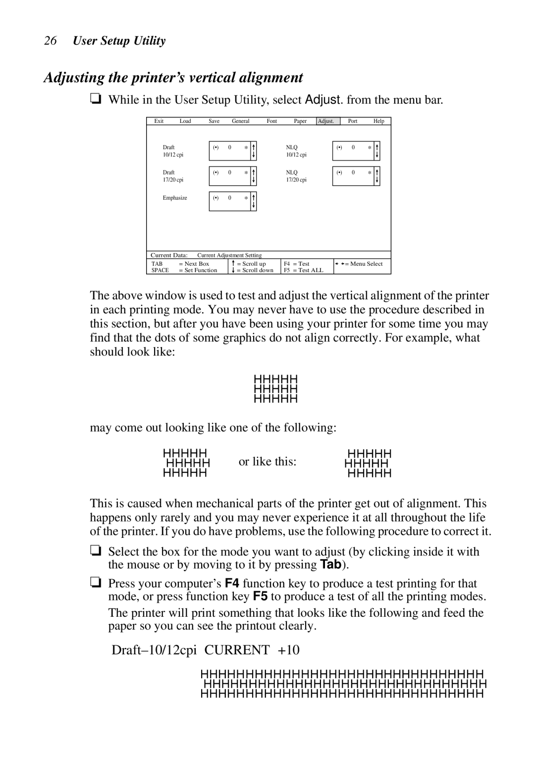 Star Micronics LC-90 NX-1010 user manual Adjusting the printer’s vertical alignment, Draft-10/12cpiCURRENT +10 