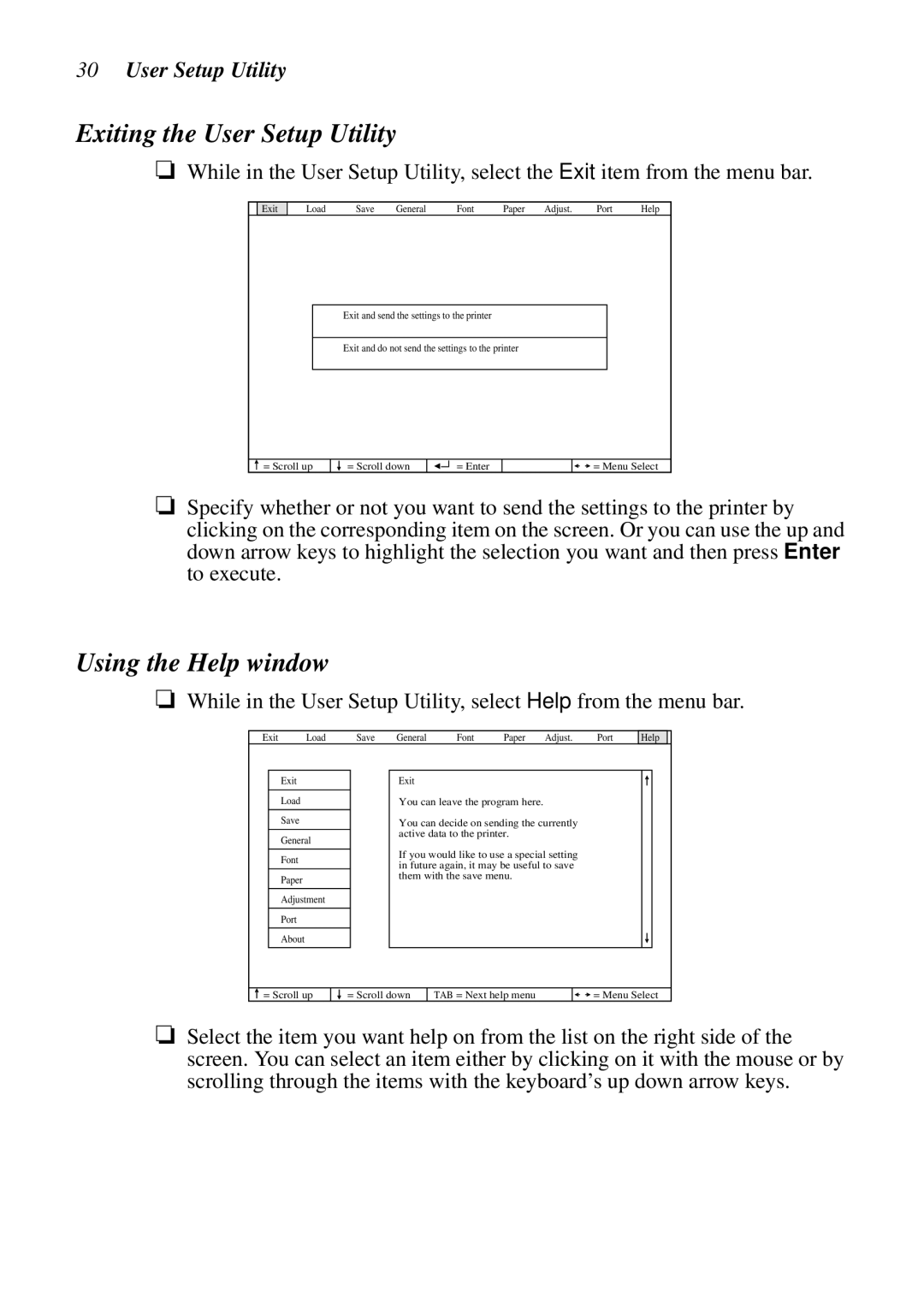 Star Micronics LC-90 NX-1010 user manual Exiting the User Setup Utility, Using the Help window 