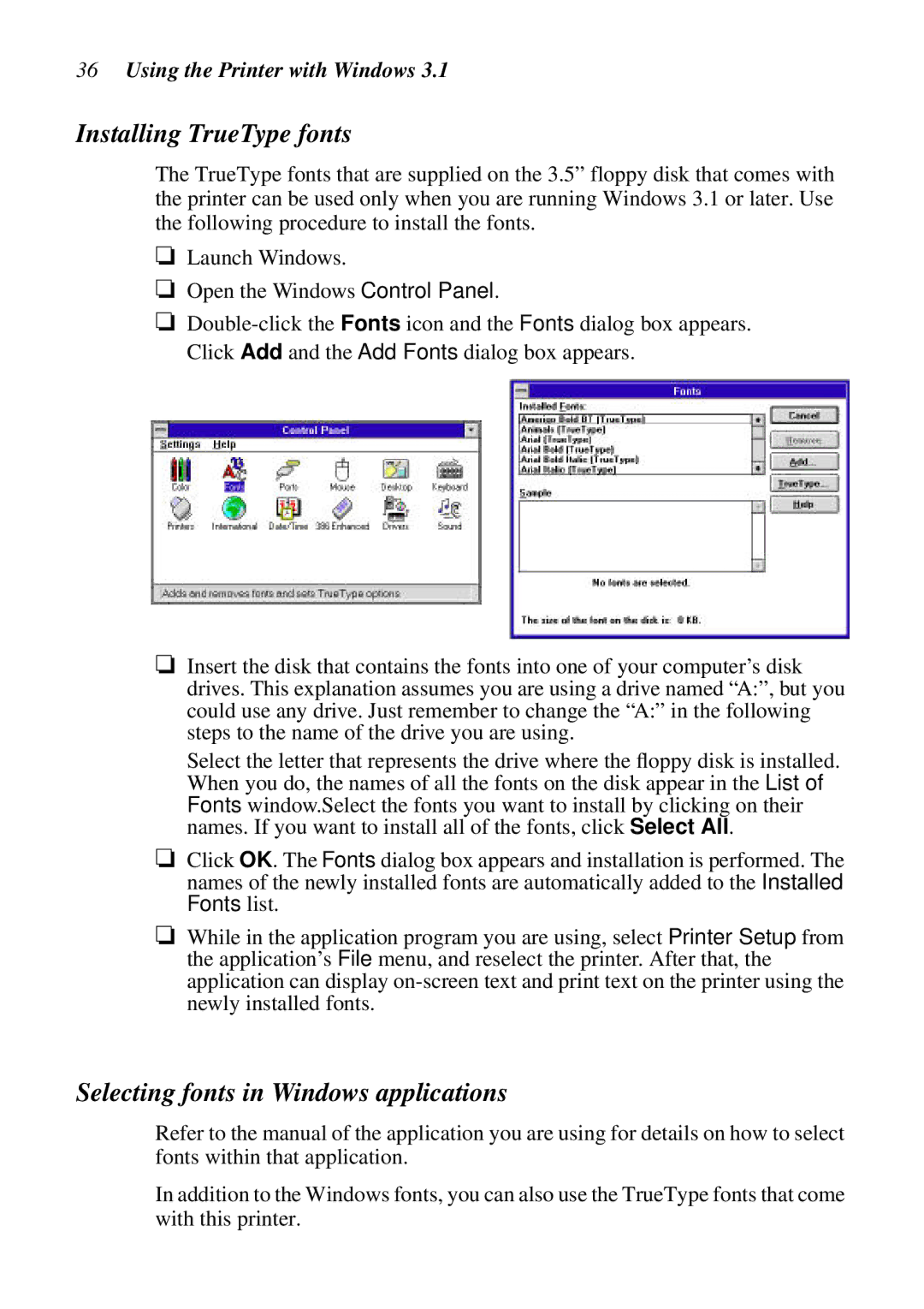 Star Micronics LC-90 NX-1010 user manual Installing TrueType fonts, Selecting fonts in Windows applications 