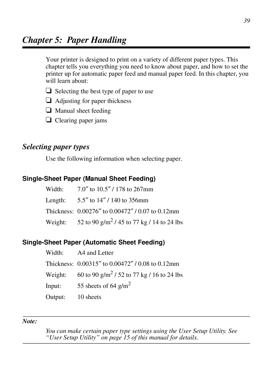 Star Micronics LC-90 NX-1010 user manual Paper Handling, Selecting paper types, Single-Sheet Paper Manual Sheet Feeding 