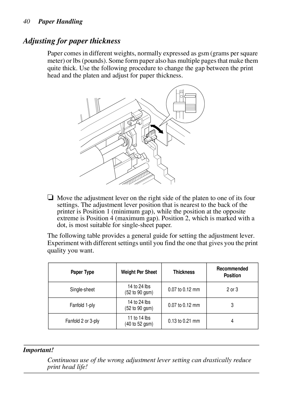 Star Micronics LC-90 NX-1010 user manual Adjusting for paper thickness, Paper Handling 