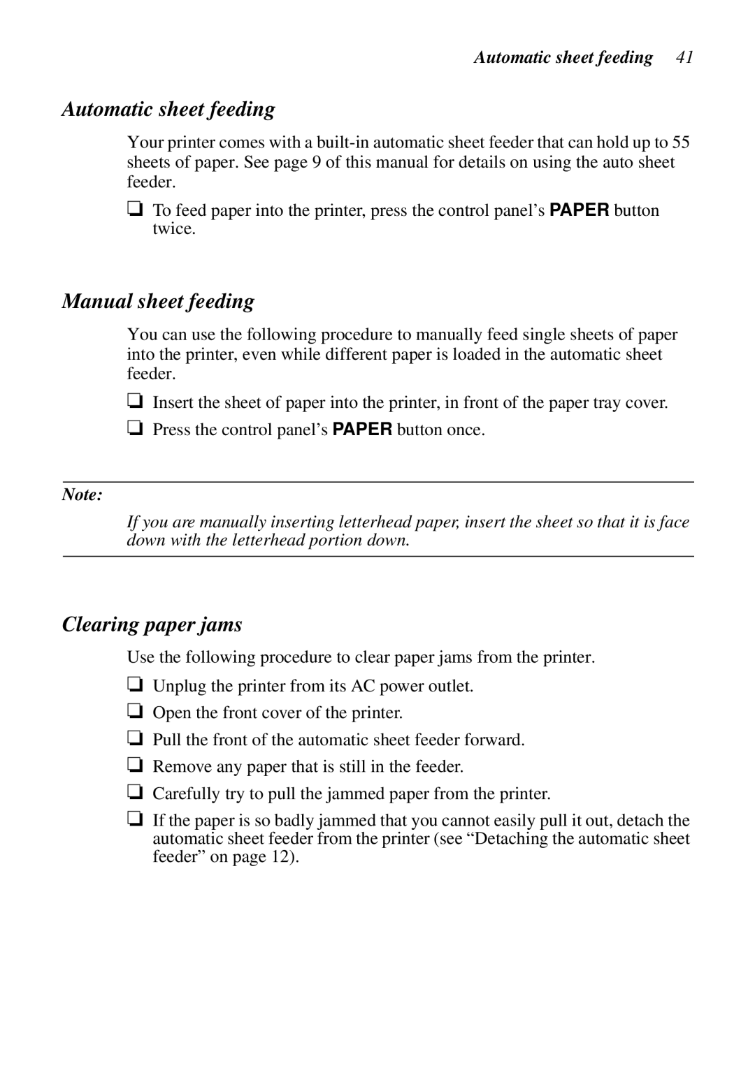 Star Micronics LC-90 NX-1010 user manual Automatic sheet feeding, Manual sheet feeding, Clearing paper jams 