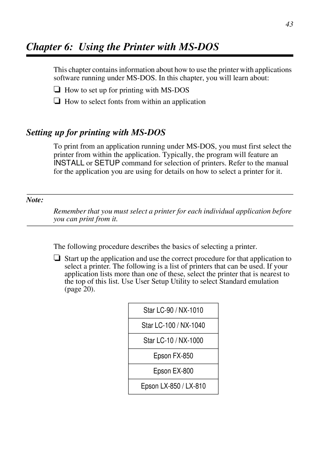 Star Micronics LC-90 NX-1010 user manual Using the Printer with MS-DOS, Setting up for printing with MS-DOS 