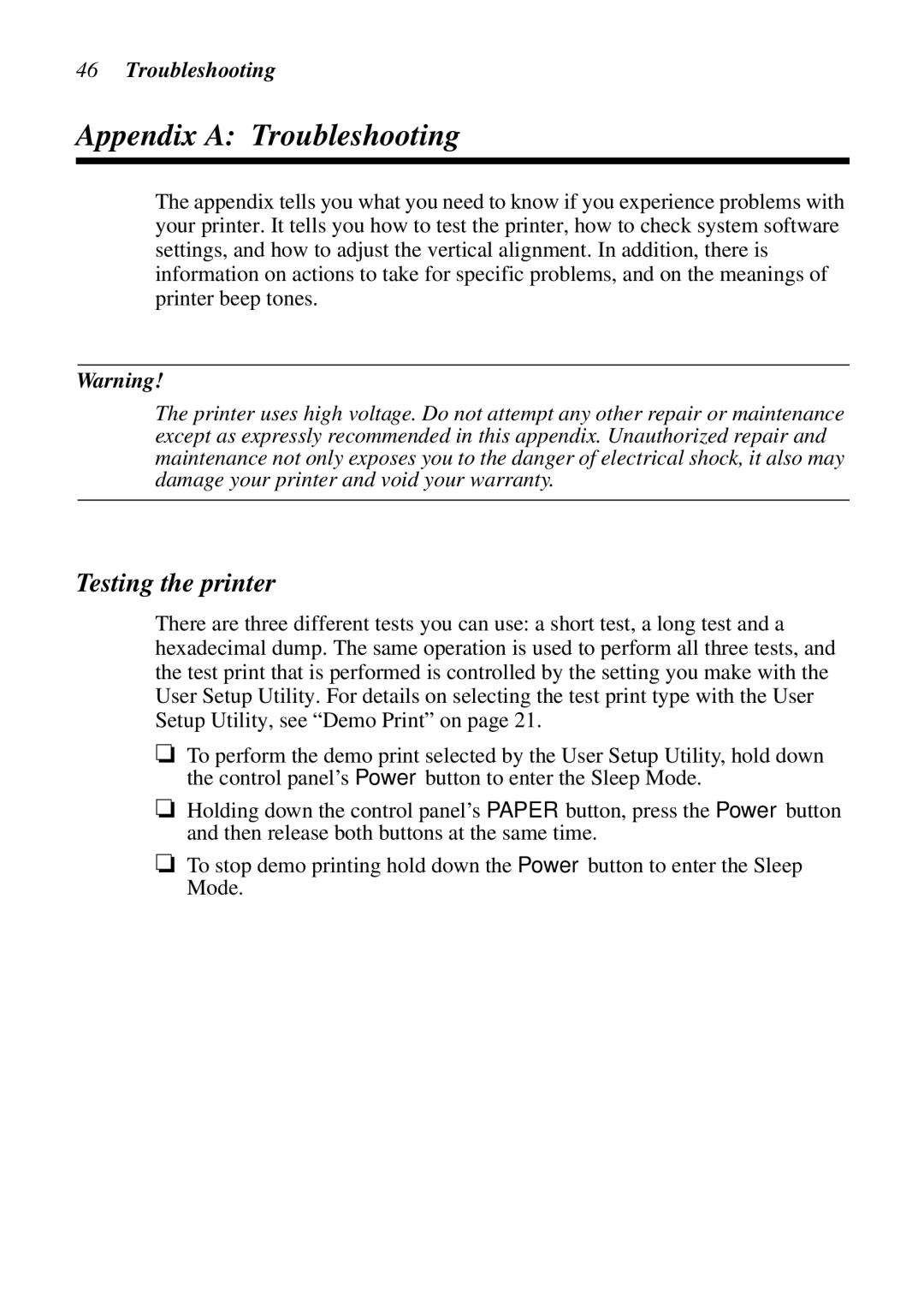 Star Micronics LC-90 NX-1010 user manual Appendix a Troubleshooting, Testing the printer 