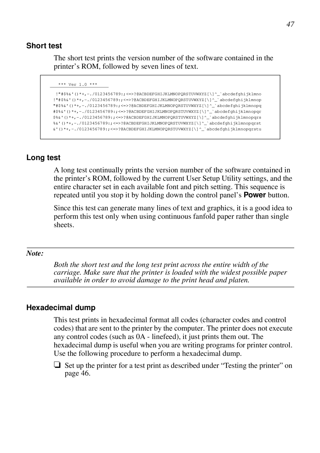 Star Micronics LC-90 NX-1010 user manual Short test, Long test, Hexadecimal dump 