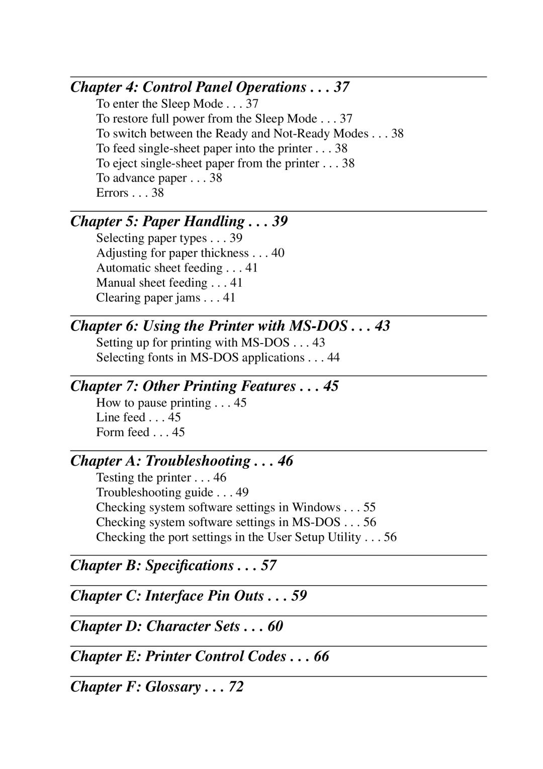 Star Micronics LC-90 NX-1010 Control Panel Operations, Paper Handling, Using the Printer with MS-DOS, Chapter F Glossary 