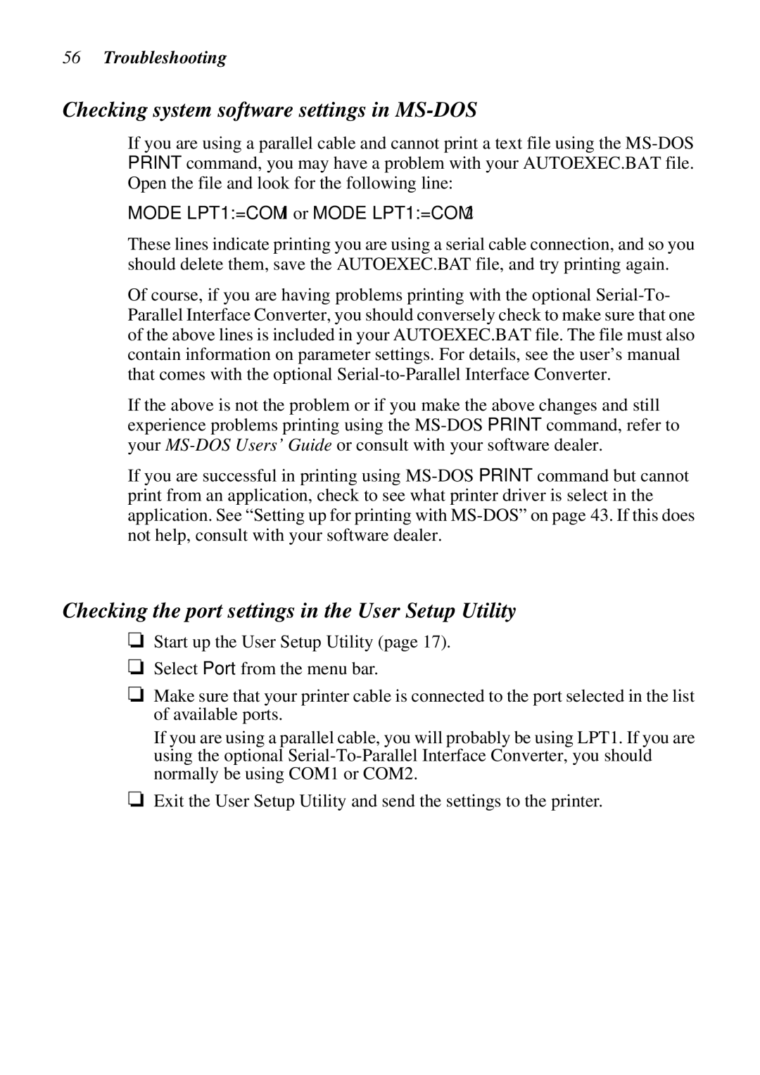 Star Micronics LC-90 NX-1010 user manual Checking system software settings in MS-DOS 