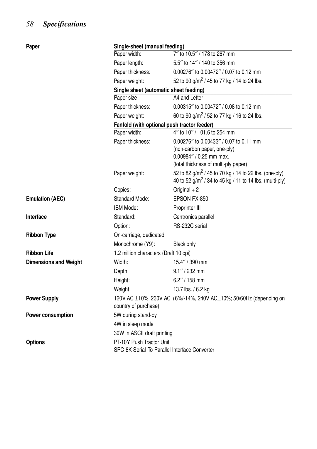 Star Micronics LC-90 NX-1010 user manual Specifications, Paper Single-sheet manual feeding 