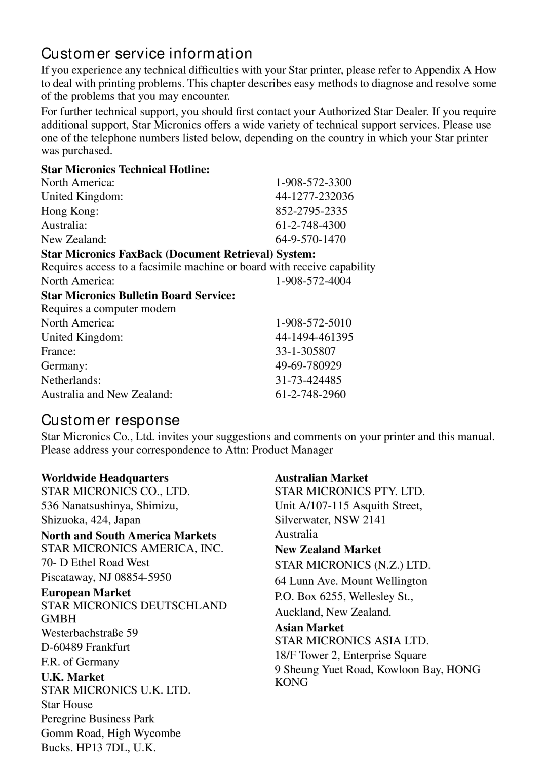 Star Micronics LC-90 NX-1010 user manual Customer service information 