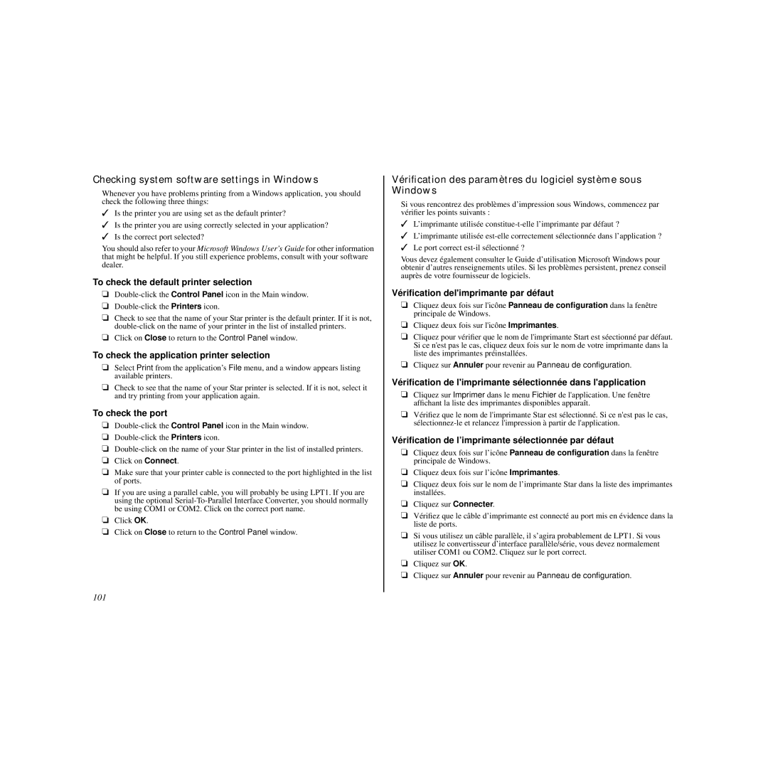 Star Micronics LC-90 manual Checking system software settings in Windows 