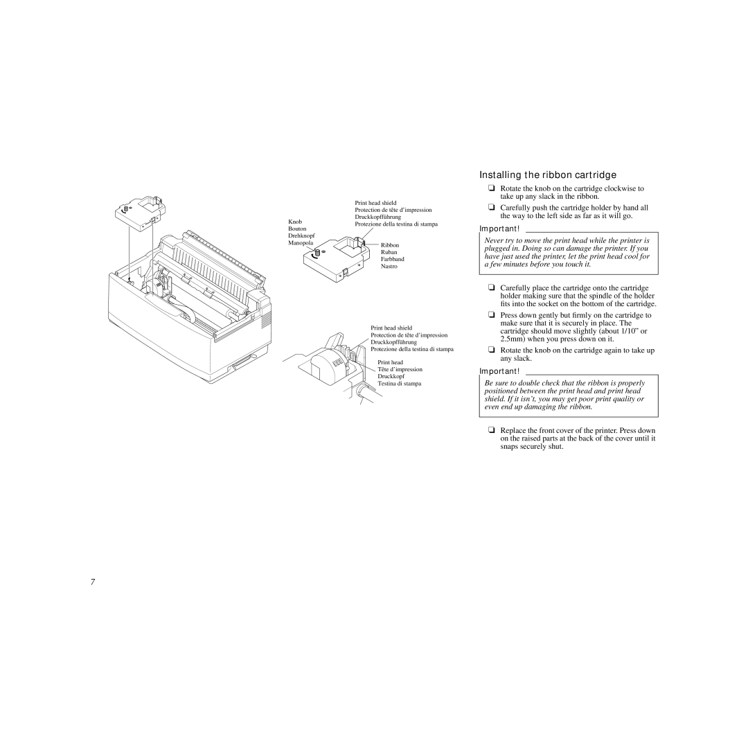 Star Micronics LC-90 manual Installing the ribbon cartridge 