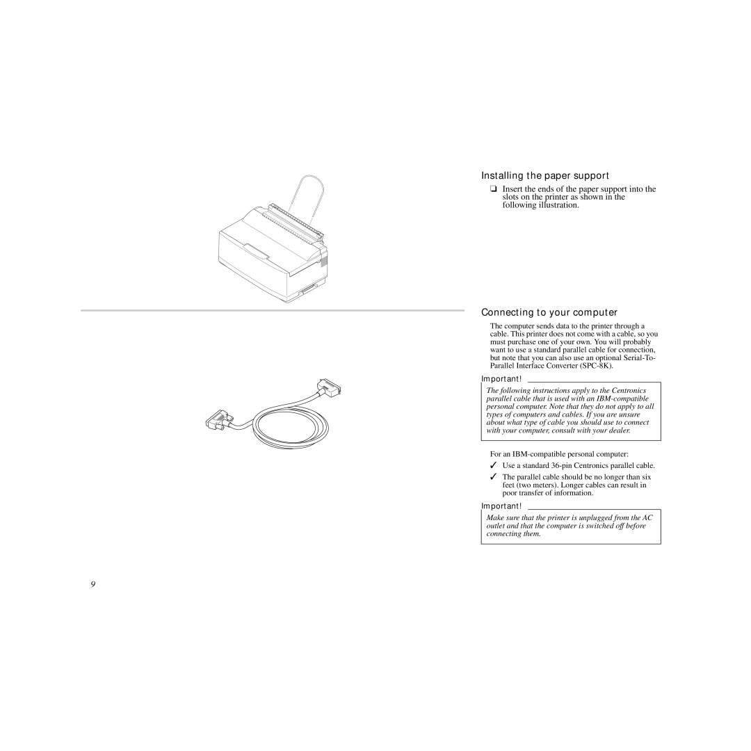 Star Micronics LC-90 manual Installing the paper support, Connecting to your computer 